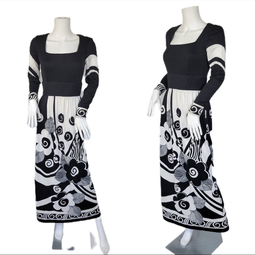 Vtg 70s Black White Op Art Floral Maxi